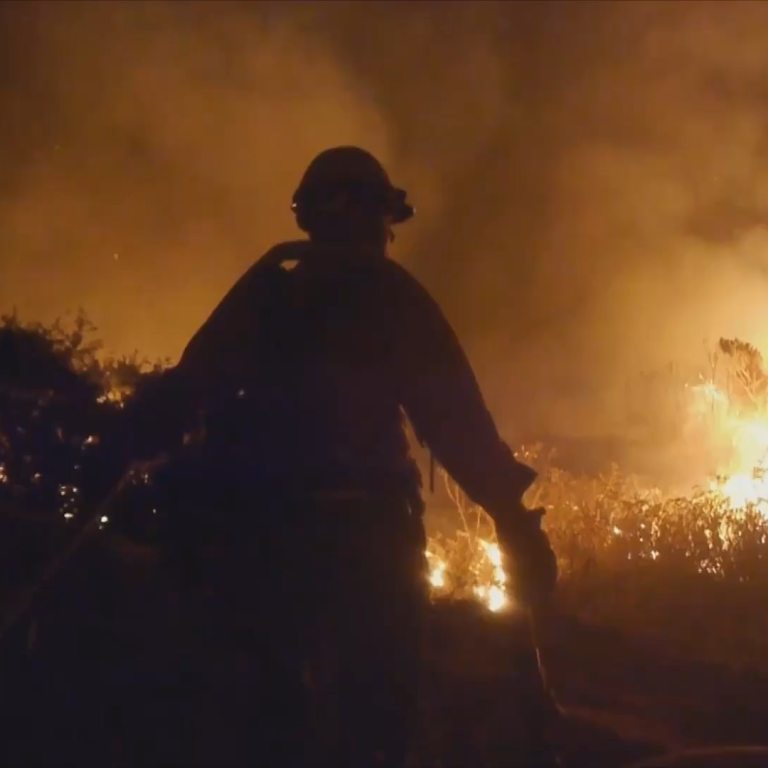 Two firefighters are silhouetted against a nighttime wildfire, with intense flames and thick smoke illuminating the scene as they work to contain the blaze in dry brush.